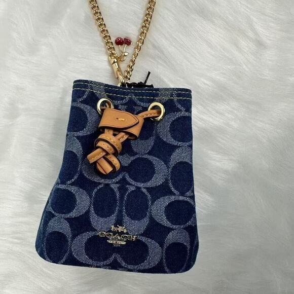 Coach Drawstring Wristlet In Signature Denim Gold/Denim Blue Natu… - Picture 3 of 12